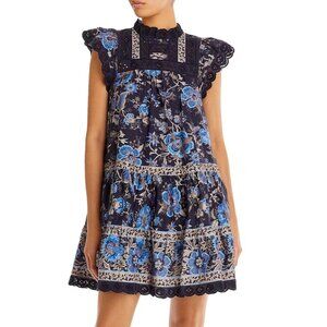 Sea New York Tess Floral Print Mini Dress A Line With Eyelet Lace and Pockets Si